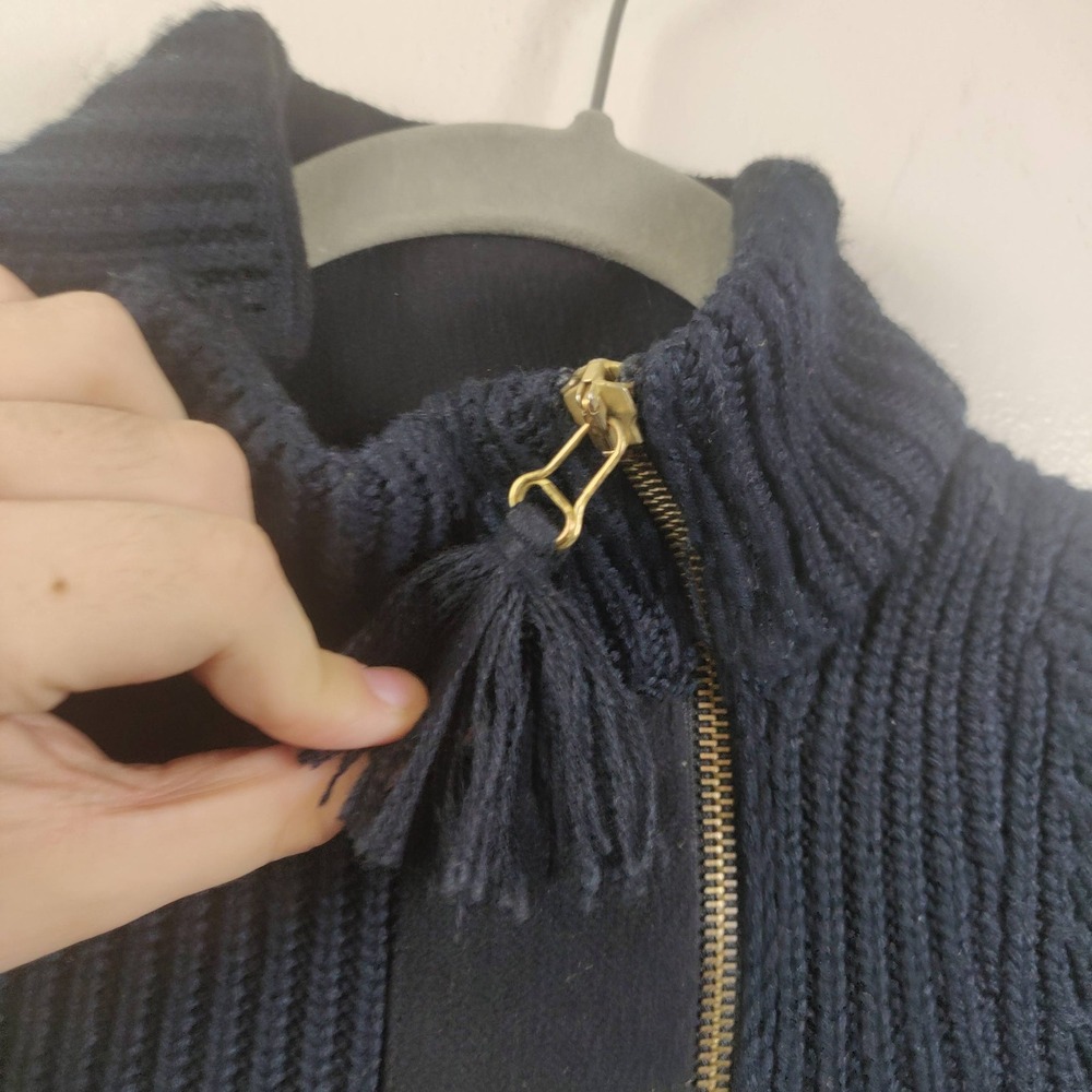 Vintage Emporio Armani Sweater Womens 4 Navy Blue Ribbed Asymmetrical Zip Tassel - Picture 4 of 11